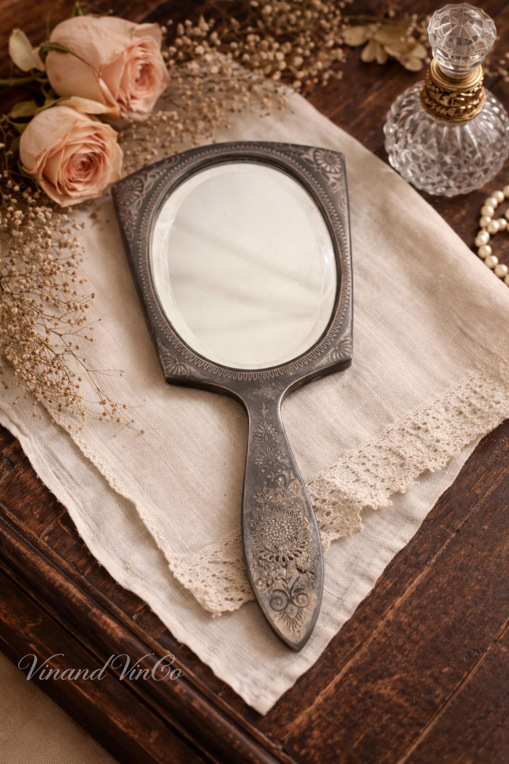 Vintage Floral Etched Hand Mirror