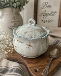 Vintage French Country Distressed Ceramic Sugar Bowl w/ Lid