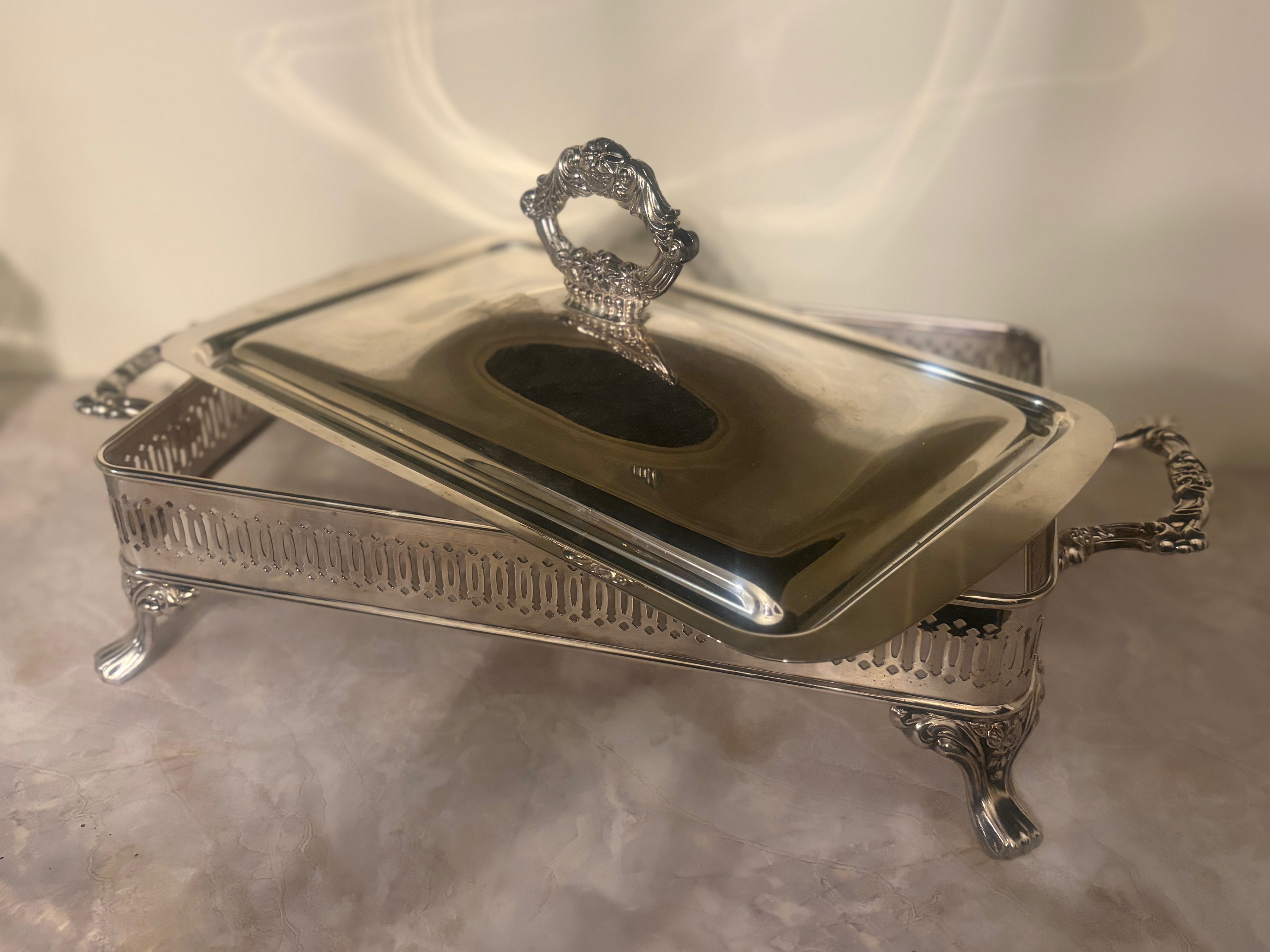 Vintage Silverplate Covered Serving Dish Footed Ornate Lid Handles (No Insert)