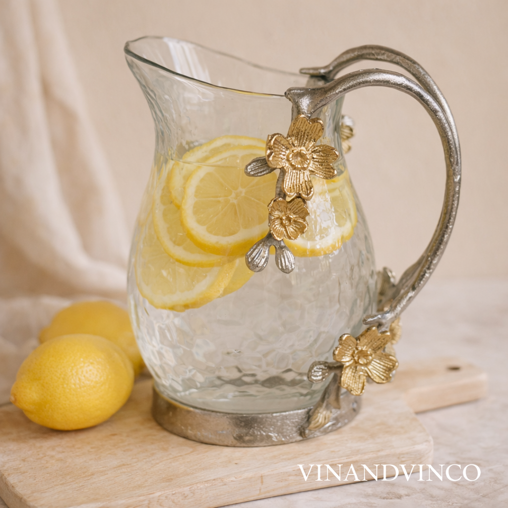 Vintage Style Glass Pitcher w/ Ornate Floral Metal Handle