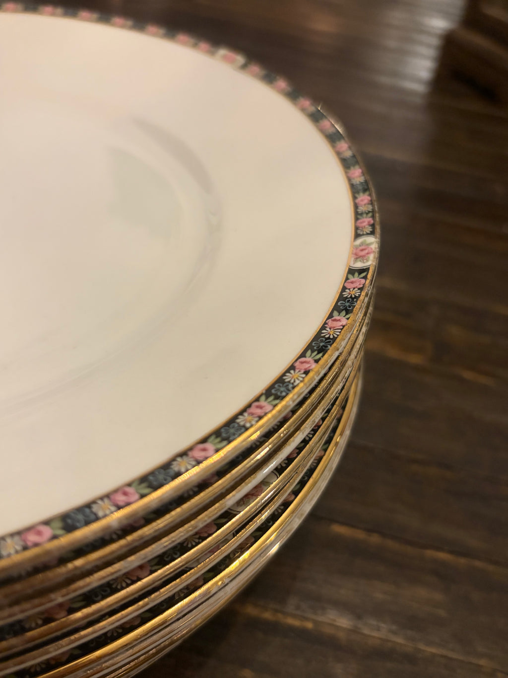 Set of 10 Homer Laughlin Dinner Plates – Vintage Floral Rim Gold Trim USA