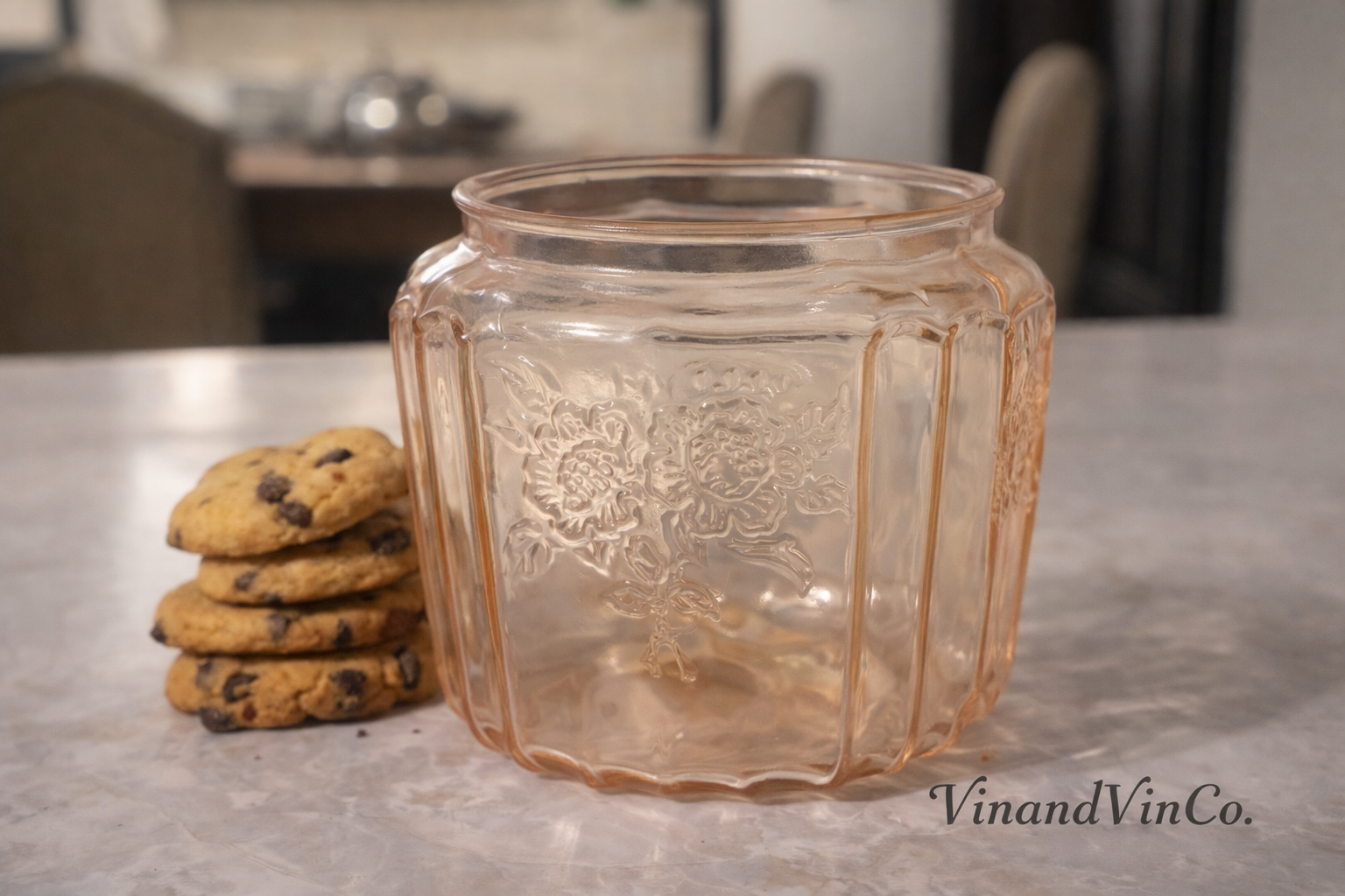 Vintage Pink Depression Glass Biscuit Jar Floral Paneled Canister (No Lid)