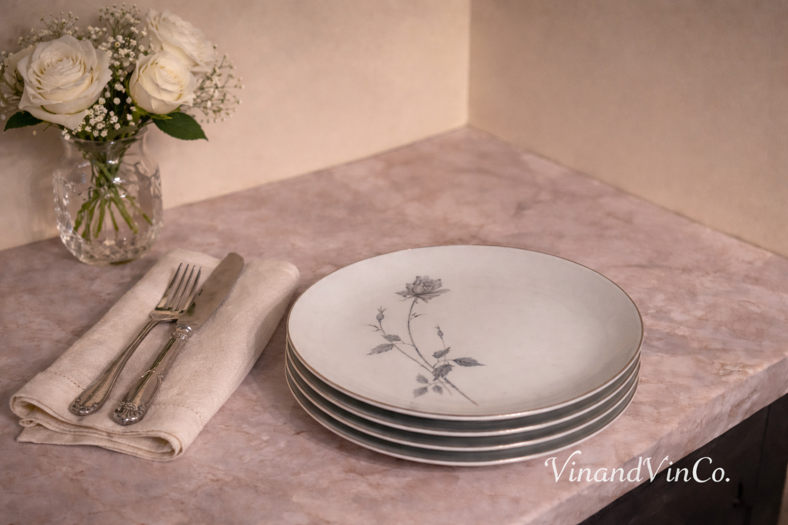 Vintage Rose Dinner Plates Set of 4 White China Platinum Trim Floral Mid Century