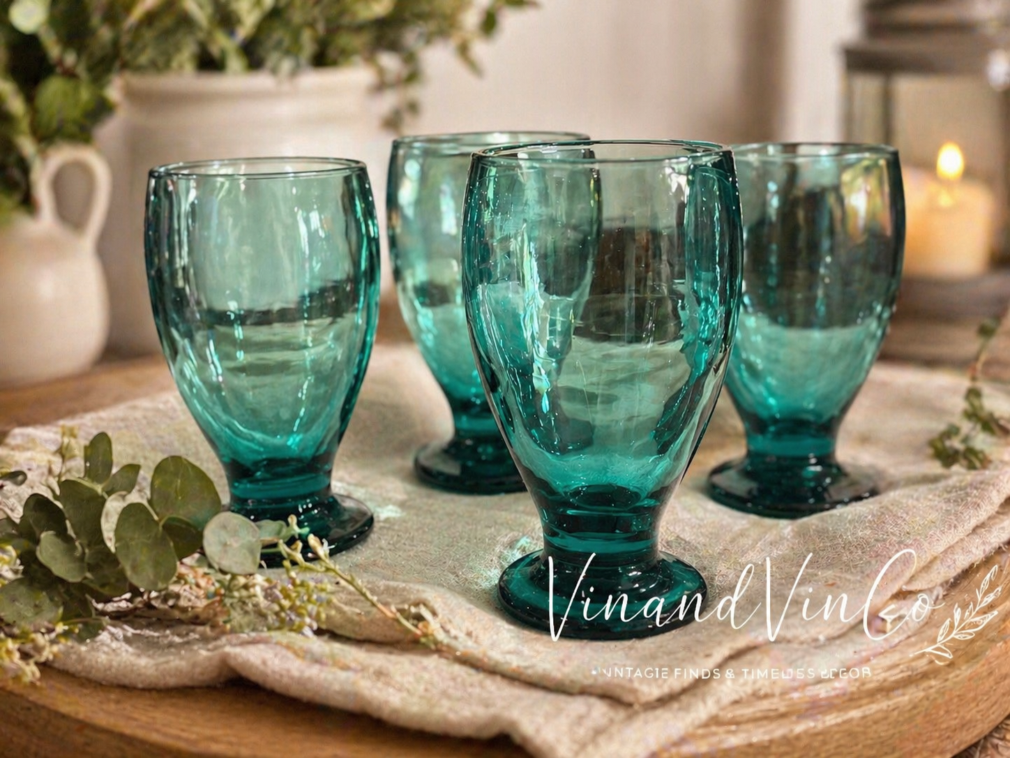 Set of 4 Teal Glass Goblets
