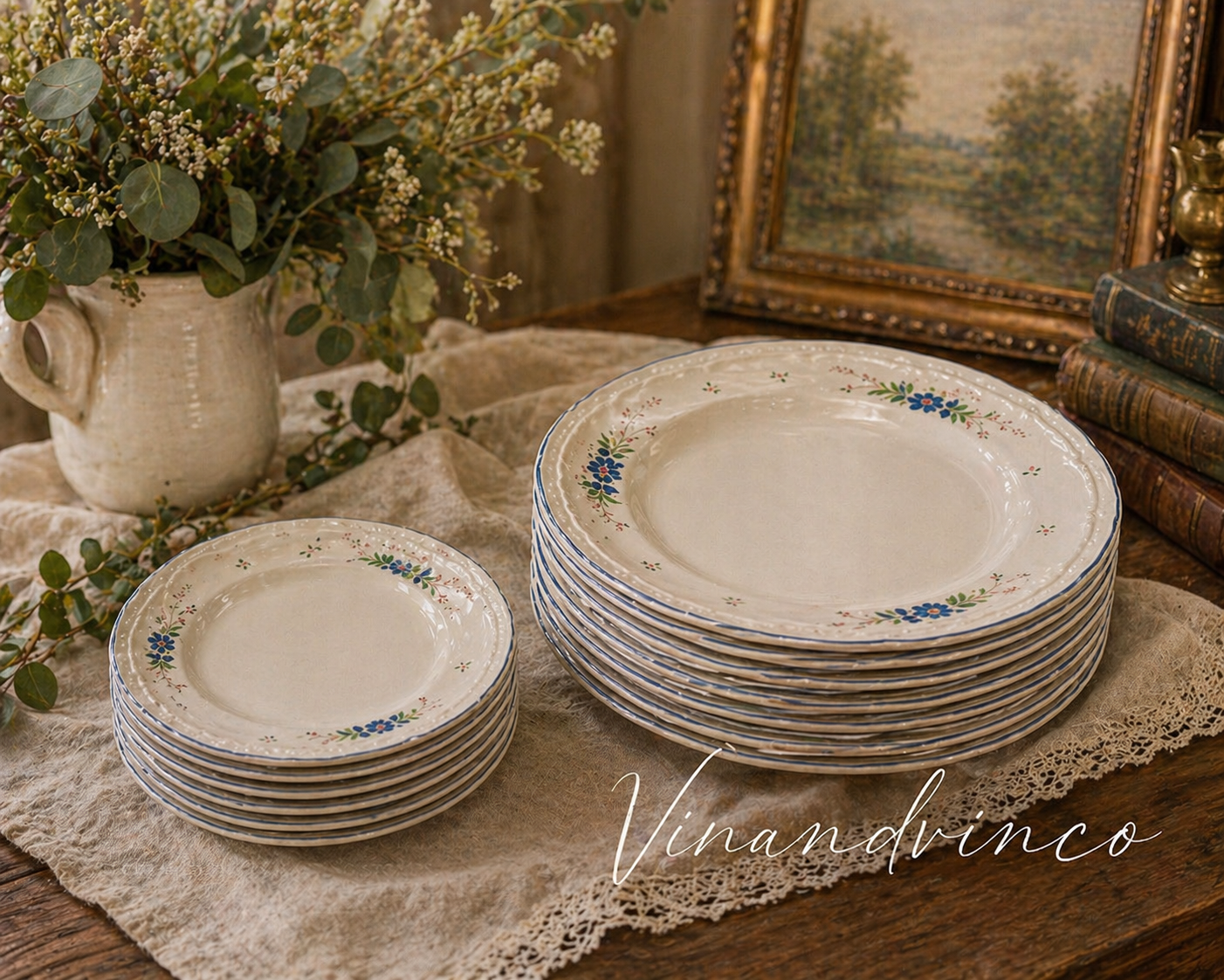 “Blue Floral Cottage Dinnerware Set – Farmhouse Kitchen Plates Bundle