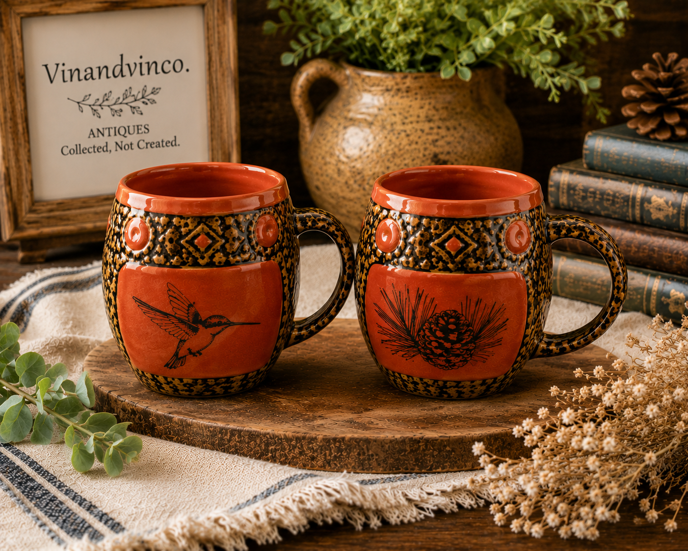 Always Azul Pottery Handcrafted Stoneware Mug Set Hummingbird & Pinecone Villa Grove Colorado