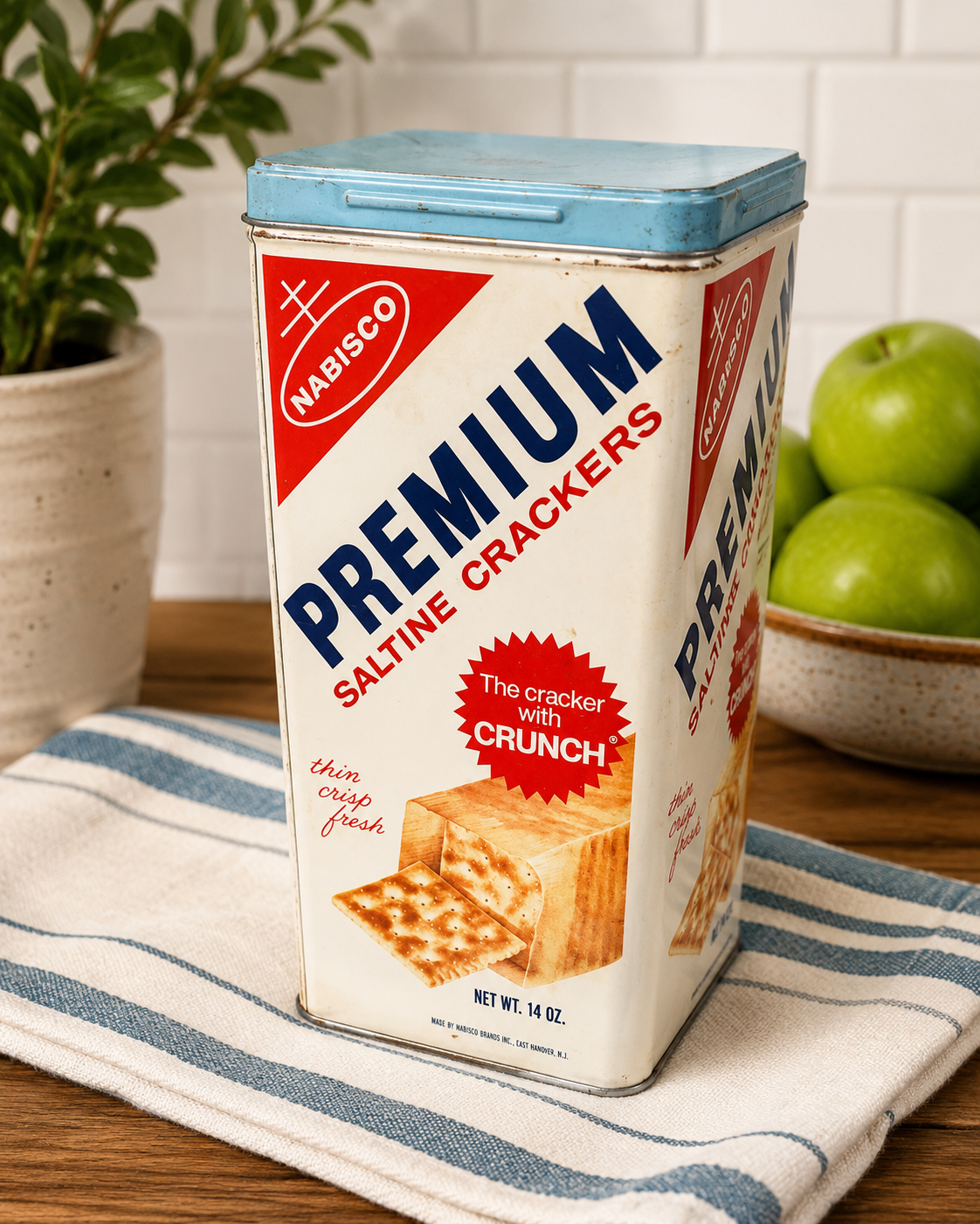 Vintage Nabisco Premium Saltine Crackers Tin Blue Lid Kitchen Advertising Canister