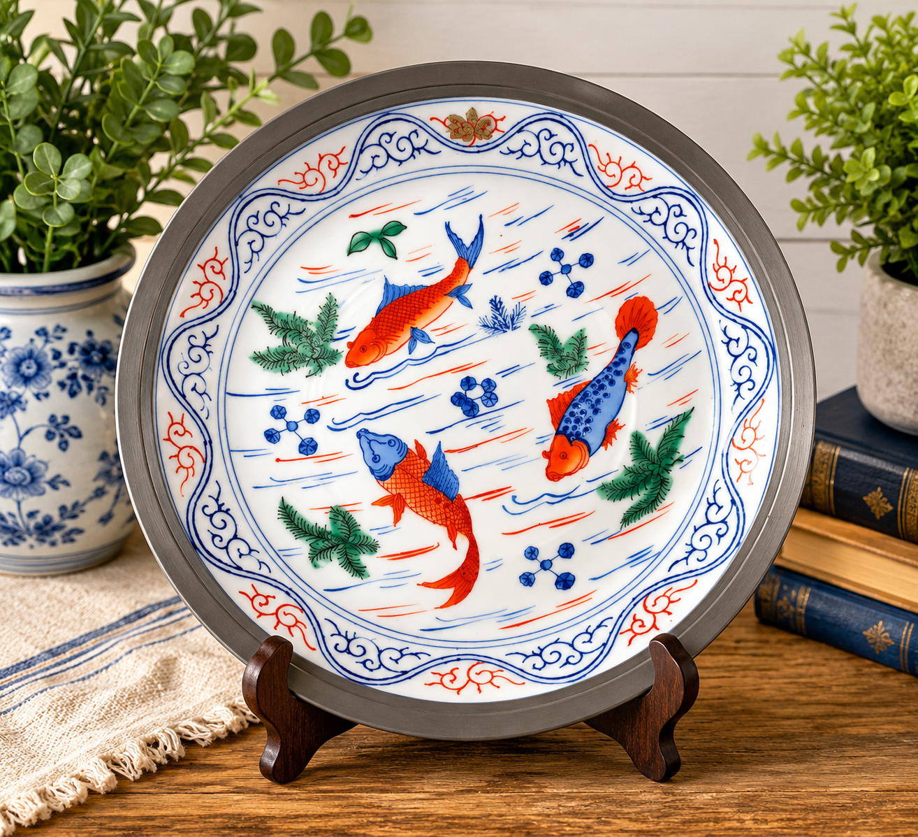 Vintage Andrea Hong Kong Koi Fish Porcelain Serving Plate Pewter Rim Asian Decor
