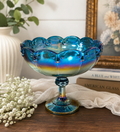 Vintage Blue Carnival Glass Pedestal Compote Bowl – Iridescent Scalloped Loop Rim Candy Dish